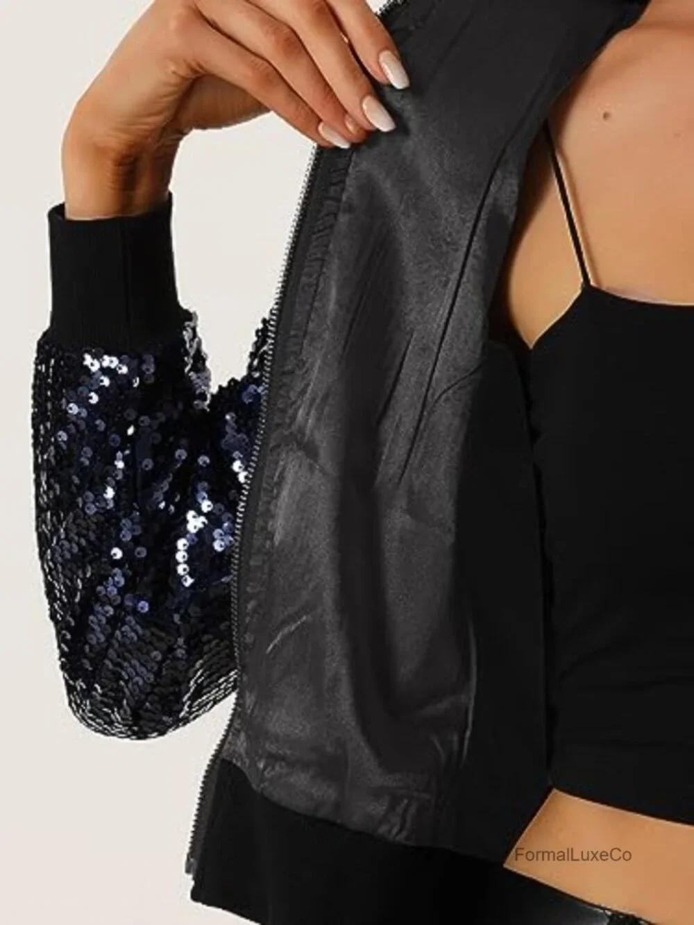 Sequin Bomber Jacket Sparkly Zip Front Cropped Glitter Party Disco Outfit